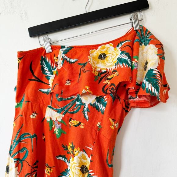 Urban Outfitters Carmen Tropical Floral Linen One Shoulder Ruffle Midi Dress S - Picture 6 of 10